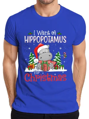 Obrázok produktu pre Chcem hrocha na Vianoce Vtipné pánske tričko Hippo Santa, modré, L
