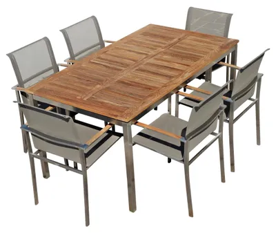 Produktbild von ALEOS. Gartengarnitur Edelstahl Batyline A-Grade Teak Holz Set: Tisch 160x90 cm + 6 Sessel mit Batyline Bespannung Serie KUBA-BRAUN Gastroqualität