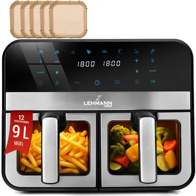 Produktbild von LEHMANN Heißluftfritteuse 2 Kammern mit Sichtfenster, 2400 W, 9L, mit 12 Programmen, bis 200°C, WiFi