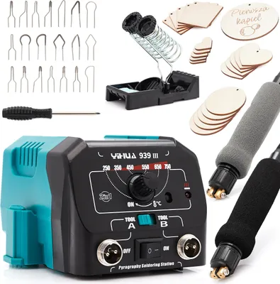 Obrázok produktu pre Pyrograf / vypaľovačka na drevo Yihua 939-III + sada s 20 kusmi 4-v-1 pyrografického preglejkového dreva