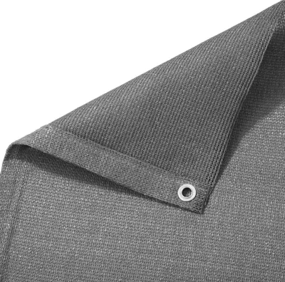 A close-up view of a gray privacy screen, folded to show its texture and grommets.