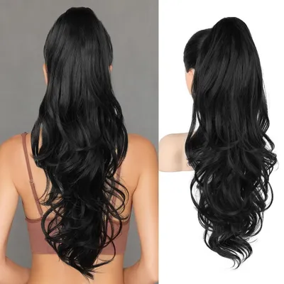 Image de Extension de queue de cheval, 66 cm de long, ondulée, bouclée, avec clip, en fibres synthétiques, couleur noir naturel