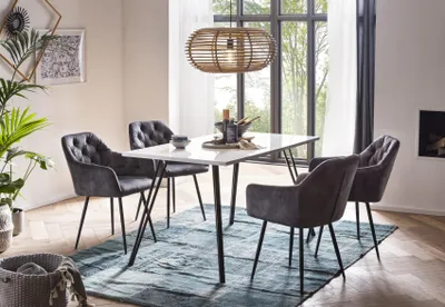Produktbild von Hela Tische, 5tlg. ESSGRUPPE Jennifer, Esstisch Hochglanz lackierte Weiß, Armlehnstühle Anthrazit, Rundrohr Füße konisch, Steppung, 120kg belastbar