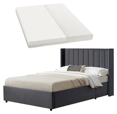 Produktbild von Polsterbett Savona 120x200 cm mit Matratze, Stauraum, Samt-Bezug, Holzgestell, bis 250 kg, großes Kopfteil, Dunkelgrau