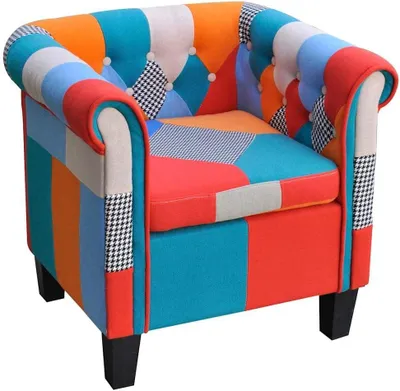 Produktbild von Ergonomischer Patchwork-Sessel aus Polyester mit Kiefernholzgestell, 68,5 x 60,5 x 65 cm, komfortables modernes Design für Wohnzimmer, Schlafzimmer und Flur