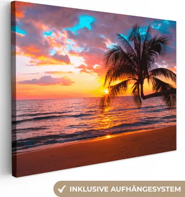 Produktbild von MuchoWow® - Leinwandbilder - Palme - Sonnenuntergang - Strand - Meer - Horizont, Wandbild, Wanddeko Bilder Wohnzimmer, 80x60 cm
