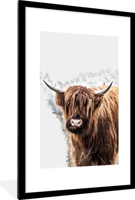 Produktbild von MuchoWow® MuchoWow® Gerahmtes Poster Schottisches Hochlandrind - Kuh - Weiß 60x90 cm - Poster mit zchwarzem Bilderrahmen - Dekoration - Wandposter Wohnzimmer - Hochwertig
