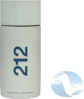 A white cylindrical bottle of perfume with blue text and a blue logo overlay.