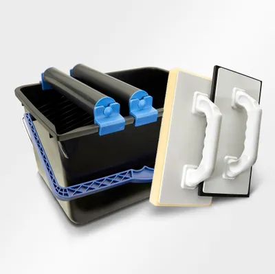 Immagine prodotto di HELPMATE set per il lavaggio delle piastrelle 5 pezzi secchio da 12L, doppie ruote, asse di lavaggio, asse di stuccatura