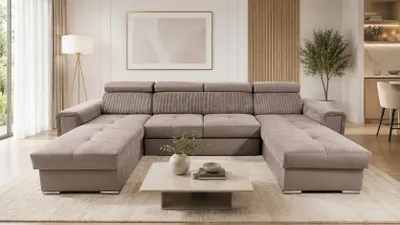 Produktbild von DOMI Ecksofa AVANTI 2 Schlaffunktion, U-Form, Sofa mit Bettkasten, Wohnzimmersofa, Couch, Bett, Couchgarnitur - Dunkelbeige, Beige, Paros 3 + Poso 3