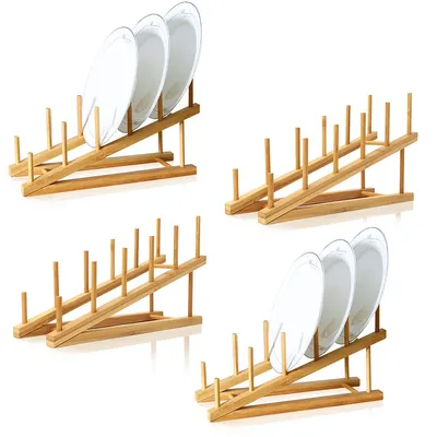 Produktbild von 4 Stück Tellerständer Holz, 5 Slots Tellerhalter aus Bambus, Küche Bambusholz Abtropfgestell Geschirr, für Aufbewahrung Teller, Bücher, Weingläser