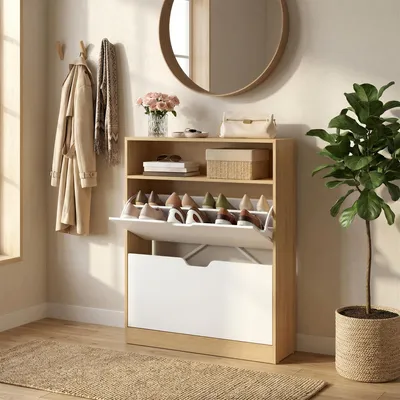 Produktbild von VASAGLE Schuhregal 2 Klappen, mit verstellbarer Trennwand, Schuhaufbewahrung, offenes Fach, 24 x 80 x 102 cm, eichenfarben-weiß