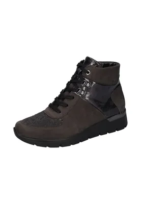 A single brown and black women's boot is shown against a white background.
