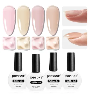 Image de Coffret cadeau de gel de construction, 4 x 10 ml, couleurs rose, nude et autres couleurs "rubber", pour l'extension et le renforcement des ongles