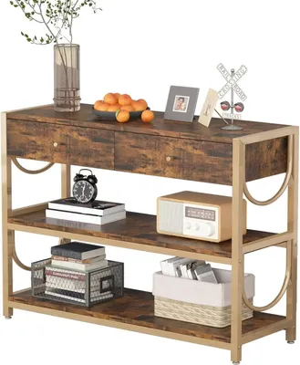 Image de Table console industrielle - Meuble d'entrée avec 2 tiroirs - 3 étagères avec structure en forme de U - Rangement pour le salon et l'entrée - Aspect bois couleur marron
