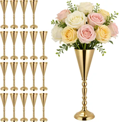 Image de VEVOR 20 vases de mariage, vases à fleurs pour table de mariage, hauteur 43 cm, vases métalliques pour table avec supports à fleurs, vases trompettes, décoration de table pour mariages, fêtes, anniversaires, cérémonies, dorés