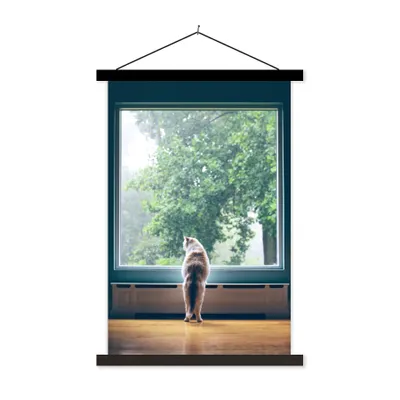 Produktbild von MuchoWow® Textilposter Katze am Fenster 60x90 cm mit schwarzem Rahmen - Poster Wohnzimmer