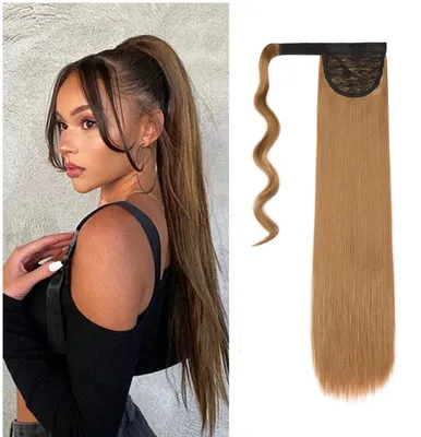 Immagine prodotto di Estensioni per capelli a clip, coda di cavallo, lisce, 55 cm, biondo scuro, resistenti al calore, in fibra sintetica