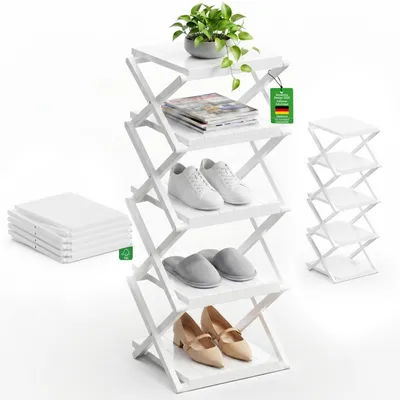 Image de Étagère à chaussures pliante, 5 niveaux, blanche, en bambou, gain de place, multifonctionnelle