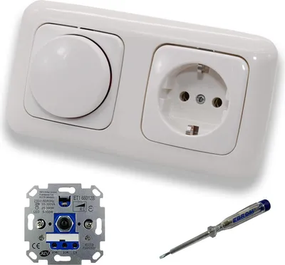 Produktbild von REV Ritter LED Drehdimmer Dimmer + Busch Jäger Dimmerscheibe 2115-214 und Steckdose 20EUC-214 in Reflex Si alpinweiß glänzend inklusive EBROM Phasenprüfer zur Montage der Geräte ET1 66012B