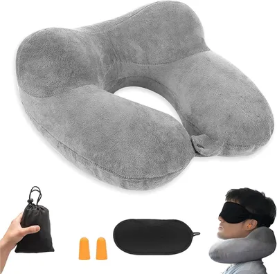 Produktbild von Aufblasbares Reisekissen, Ergonomisches Nackenkissen, Weiches Velours, Tragbar für Camping