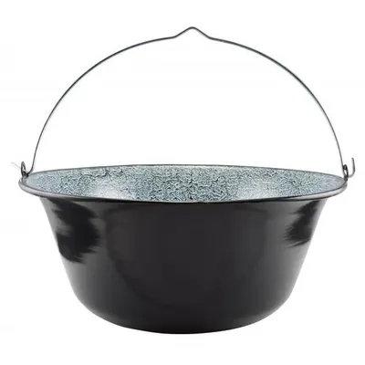 A black enamel pot with a wire handle, shown against a white background.