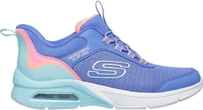 A side view of a single blue Skechers slip-in shoe.