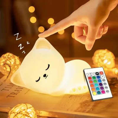 Produktbild von Nachtlicht Kinder, 16Farben 5Helligkeit Katze Nachtlicht Baby Stilllicht Dimmbar,Cat Kinderzimmer Deko Kawaii Deko, Katze Geschenke Baby Geschenk Mädchen 3-7 Jahre, Squishy Katze Spielzeug Kinder