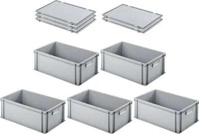 Produktbild von SuperSparSet 5x Eurobehälter mit geschlossenem Griff und Scharnierdeckel | HxBxT 22x40x60cm | 38 Liter | Grau | Eurobox, Transportbox, Transportbehälter, Stapelbehälter