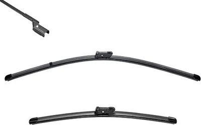 Three car windshield wiper blades are shown against a white background. One is a close-up of the connector, and the other two are full wiper blades.