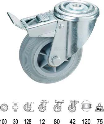 Obrázok produktu pre Priemyselné priechodné koleso zo sivej gumy s brzdou 100 mm.