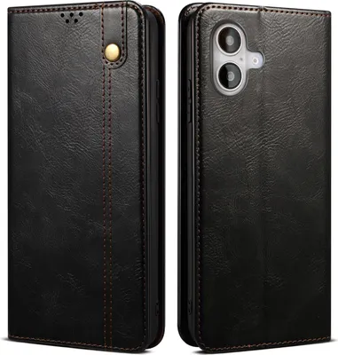 Produktbild von Hülle für iPhone 16 Leder Brieftasche Schutzhülle mit Standfunktion Schwarz