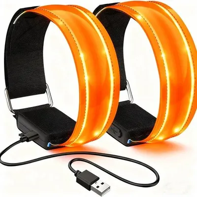 Produktbild von LED-Armband für Sicherheit - Reflektierendes Lauflichtband - Knipperndes, verstellbares LED-Lichtarmband - USB-Ladbar - Unisex für Abendspaziergänge, Joggen und Outdoor-Aktivitäten - Orange - 2er Pack