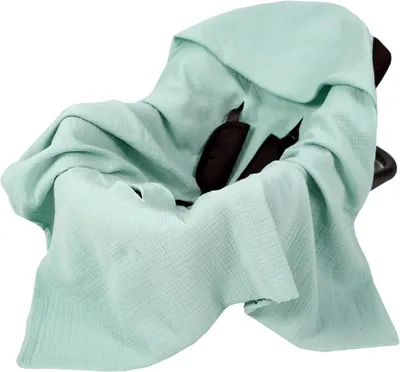 Produktbild von Babylux Musselin Einschlagdecke mit Kapuze – 90x90 cm – Sommer Babydecke für Autositz & Babyschale – 100% Baumwolle Atmungsaktiv & Leicht Grün - hell