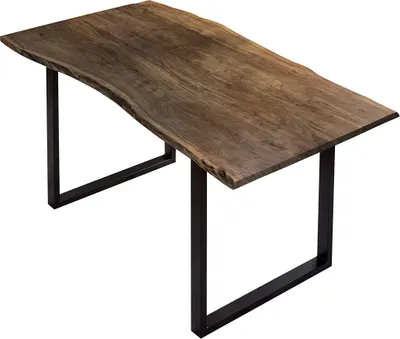 Produktbild von Esszimmertisch 130x75 cm Billy, echte Baumkante, Esstisch aus Akazienholz massiv + nussbaumfarben, Baumkantentisch mit U-Gestell Schwarz