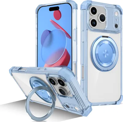 Image de Etui pour iPhone 17 Pro Max anneau magnétique, support, compatible MagSafe, protection militaire, étui transparent bleu
