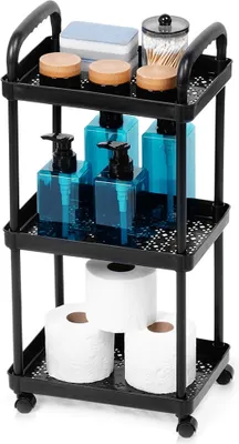 A three-tier black rolling cart filled with bathroom items.