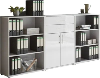 Produktbild von Aktenschrank TABOR 14 in lichtgrau / weiß Hochglanz, Schrankwand, Büroschrank, Metallgriffe