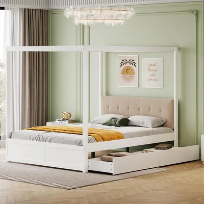Immagine prodotto di Letto a baldacchino Merax, 140x200 cm, con 2 ampi cassetti, lettino per bambini con schienale imbottito, letto matrimoniale a tenda con spazio contenitivo, bianco