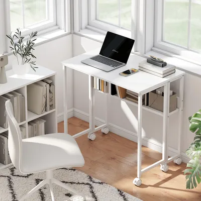 Imagen del producto de Escritorio plegable Sweiko, convertible en mesa auxiliar, con estante abierto, color blanco