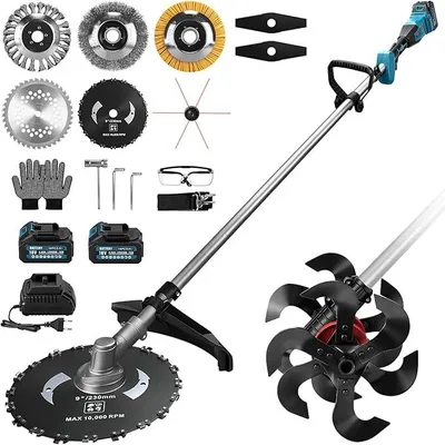 Immagine prodotto di Motocoltivatore e decespugliatore a batteria 2-in-1, con 2 batterie | Motocoltivatore elettrico, 680 giri/min, motore elettrico brushless, con larghezza di lavoro di 23 cm e profondità di lavoro di 25 cm, ideale per il prato