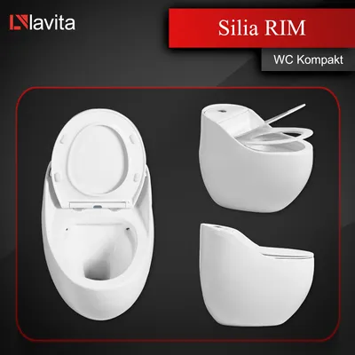 A collage of images showcasing a white toilet from different angles, with branding and product name.