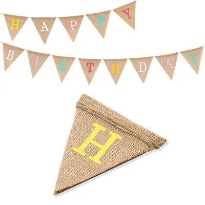 Image de Guirlande de fanions d'anniversaire, en tissu réutilisable, style vintage, de différentes couleurs