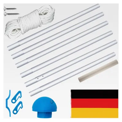 Produktbild von 6,5 m Aluminium Fahnenmast mit Seilzug, Bodenhülse, Zugseil, Verschlusshaken, 150 x 80 cm Deutschlandfahne, 5 Höhenverstellbar