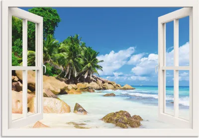 Produktbild von ARTland Wandbild Alu für Innen & Outdoor Küste mit Palmen durchs Fenster Größe: 130x90 cm