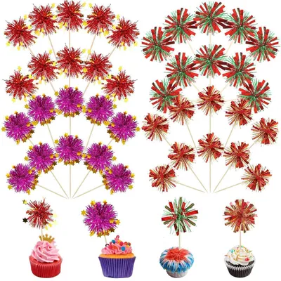 Produktbild von 40 Stück Feuerwerk Kuchen Deko, Bunte Cocktailspieße, Glitzernde Cake Topper, Party Dekoration