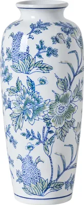 Produktbild von BELIANI Blumenvase Weiß u. Blau Porzellan 35 cm Hoch Groß Gewölbt Schmal Handgemacht mit Blumenmuster Chinesische Vase Dekovase Keramikvase Bodenvase