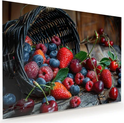 Produktbild von Glasbild 120x90cm in XXL für Wohnzimmer, Schlafzimmer Motiv Frische Beerenkorb