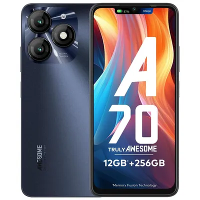 Obrázek produktu pro Smartphone Itel A70, 6,6", 12 GB (4+8) + 256 GB, duální zadní fotoaparát 13 MP, baterie 5000 mAh, dynamický pruh, boční snímač otisků prstů, osmijádrový procesor, barva Brilliant, černá