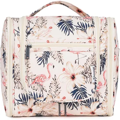 Productafbeelding van Opbergtas om op te hangen, groot, beige flamingo met haak en veel vakken, 28x25,5x13 cm